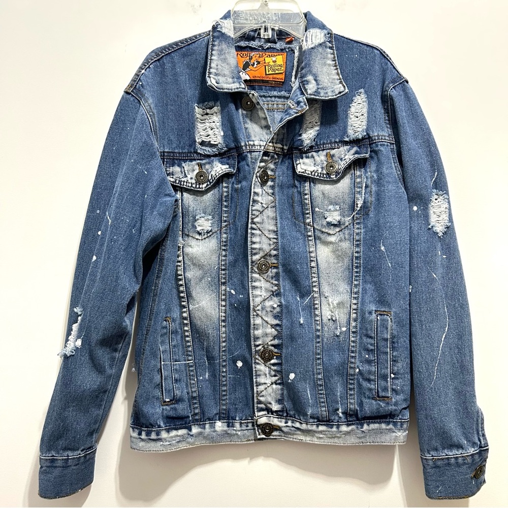 Rolling Paper Women’s Blue Denim Ripped Distressed Jean Jacket